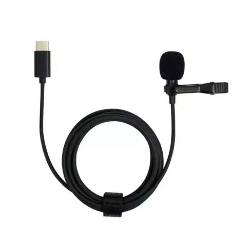 Lavalier sztereó mikrofon, csiptetős, USB-C csatlakozóval, okostelefonhoz, Szélzaj-védő szivaccsal, fekete