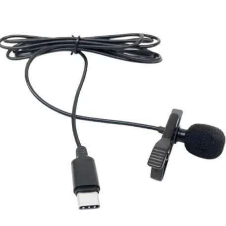 Lavalier sztereó mikrofon, csiptetős, USB-C csatlakozóval, okostelefonhoz, Szélzaj-védő szivaccsal, fekete