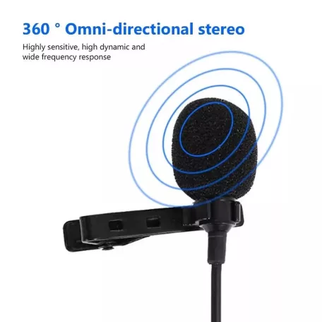 Lavalier sztereó mikrofon, csiptetős, USB-C csatlakozóval, okostelefonhoz, Szélzaj-védő szivaccsal, fekete