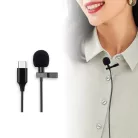 Lavalier sztereó mikrofon, csiptetős, USB-C csatlakozóval, okostelefonhoz, Szélzaj-védő szivaccsal, fekete
