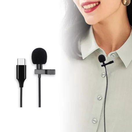 Lavalier sztereó mikrofon, csiptetős, USB-C csatlakozóval, okostelefonhoz, Szélzaj-védő szivaccsal, fekete