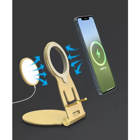 Asztali Okostelefon Tartó, alumínium, MagSafe töltő tartóval, 180°-ban dönthető, szürke