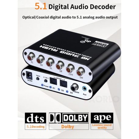 Digitális analóg 5.1 csatornás audio dekóder, optikai digitális erősítő, analóg átalakító TV-hez, 1 méter optikai kábellel, fekete