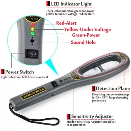 Fémdetektor, Metal Detector, Fémkereső, 10cm hatótávolság, 19,8~24,2kHz között keres, ruhában, táskában, bejáratnál, biztonsági kapuknál