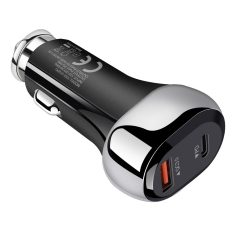   Autós USB Szivargyújtós Gyorstöltő, 1xUSB-C + 1xUSB csatlakozó, 5V/3A/38W gyorstöltés, fekete/ezüst