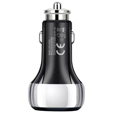 Autós USB Szivargyújtós Gyorstöltő, 1xUSB-C + 1xUSB csatlakozó, 5V/3A/38W gyorstöltés, fekete/ezüst