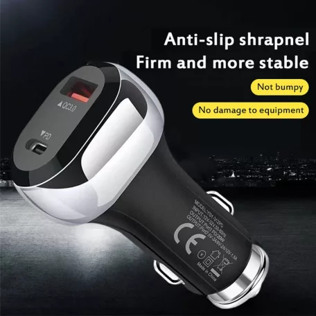 Autós USB Szivargyújtós Gyorstöltő, 1xUSB-C + 1xUSB csatlakozó, 5V/3A/38W gyorstöltés, fekete/ezüst