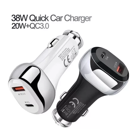 Autós USB Szivargyújtós Gyorstöltő, 1xUSB-C + 1xUSB csatlakozó, 5V/3A/38W gyorstöltés, fekete/ezüst