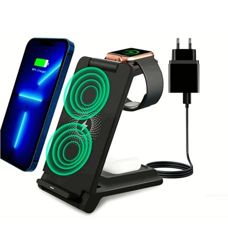 Vezeték nélküli töltő 3 az 1-ben, 15 W-os gyorstöltés, Apple Watch/AirPods/Okostelefon-nal kompatibilis, fekete