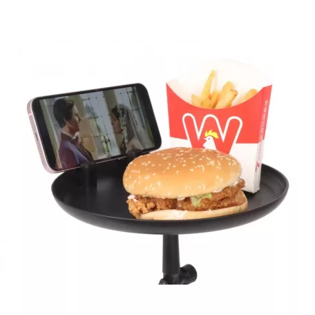 Autós Ételtálca és Mobil-/Tablettartó, középkonzolra, Ø21cm étkezőtálca, mozgatható kar, fekete
