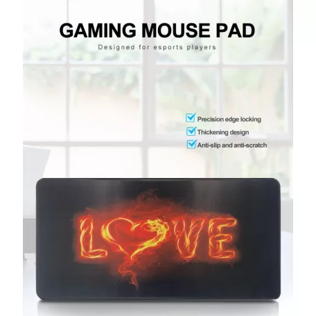 Professzionális Gamer egérpad, love mintás, gumitalp, gaming kiegészítő, 700x300x3mm, LOVE mintával
