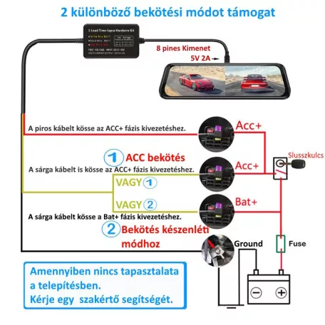 Autós kamera töltő adapter, biztosíték táblába köthető, 2.5 méter, 5V/2A, 8PIN csatlakozó, fekete