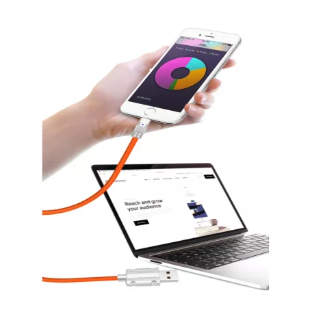 JKX Szilikon Bevonatú Töltőkábel, Lightning/USB csatlakozó, 3A gyorstöltés, 1 méter, narancssárga