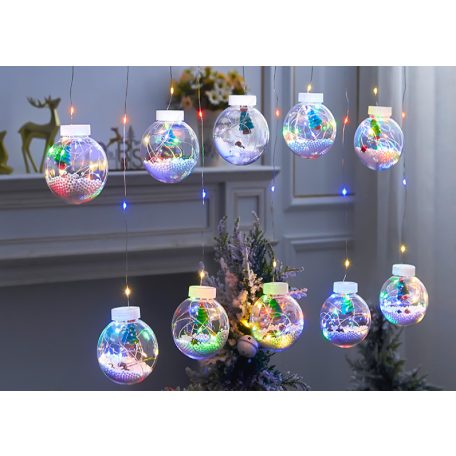 Összefűzhető Christmas Tree/Karácsonyfás Gömbök Fenyőtobozzal, 3m, LED fényfüzér, 8 világítási mód, 10db gömb, zöld-piros-kék-sárga ünnepi fények