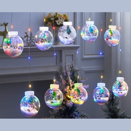 Christmas Tree/Karácsonyfás Gömbök Fenyőtobozzal, 3m, LED függöny/fényfüzér, összefűzhető, 8 világítási mód, 10db gömb, zöld-piros-kék-sárga ünnepi fények