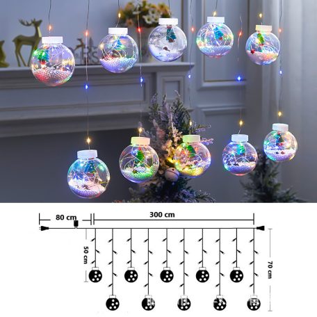 Christmas Tree/Karácsonyfás Gömbök Fenyőtobozzal, 3m, LED függöny/fényfüzér, összefűzhető, 8 világítási mód, 10db gömb, zöld-piros-kék-sárga ünnepi fények