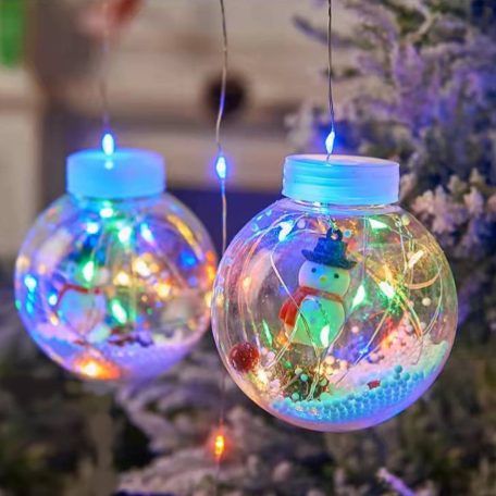 Snowman/Hóember Gömbök, 3m, LED függöny/fényfüzér, összefűzhető, 8 világítási mód, 10db gömb, zöld-piros-kék-sárga ünnepi fények