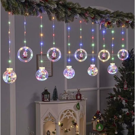Összefűzhető Circle&Santa Claus/Mikulás LED Körben, 3m, LED fényfüzér, 8 világítási mód, 10db gömb, zöld-piros-kék-sárga ünnepi fények