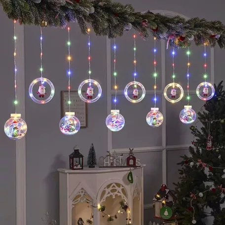 Circle&Santa Claus/Mikulás LED Körök, 3m, LED függöny/fényfüzér, összefűzhető, 8 világítási mód, 10db kör+gömb, zöld-piros-kék-sárga ünnepi fények