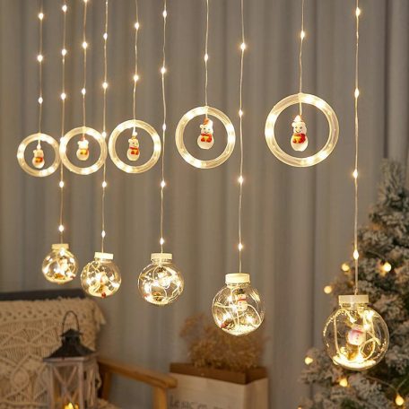 Összefűzhető Circle&Snowman/Hóember LED Körök, 3m, LED fényfüzér, 8 világítási mód, 10db gömb, meleg ünnepi sárga fények