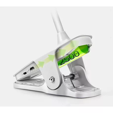 Asztali LED Lámpa, csíptetős, akkumulátoros, érintésre állítható 3 fényerő és meleg/semleges/hideg fényű színhőmérséklet, fehér