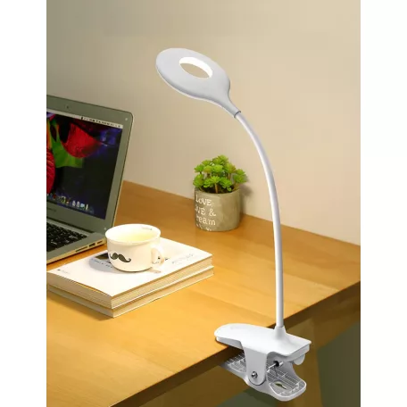 Asztali LED Lámpa, csíptetős, akkumulátoros, érintésre állítható 3 fényerő és meleg/semleges/hideg fényű színhőmérséklet, fehér