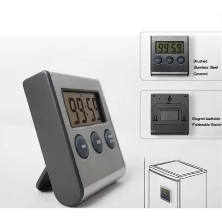 Digitális Konyhai Időzítő, LCD kijelzővel, mágneses hátlappal, asztali támasztóval, ezüst