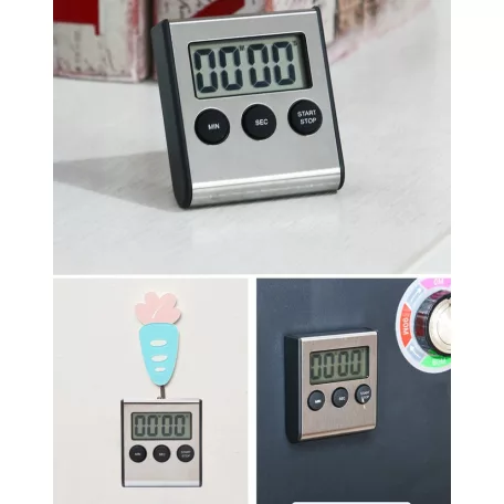 Digitális Konyhai Időzítő, LCD kijelzővel, mágneses hátlappal, asztali támasztóval, ezüst
