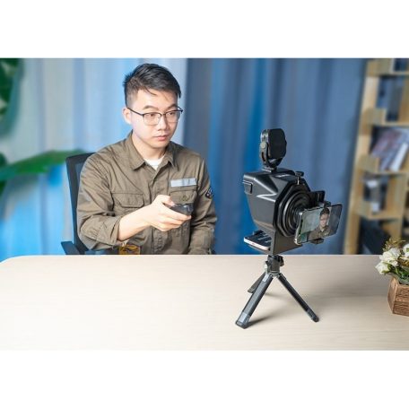 Hordozható Súgógép, Okostelefon felvételhez, PT-15, 3db vakupapucs foglalat + 1/4" rögzítő csavarmenet, élő közvetítéshez vagy interjúhoz, fekete