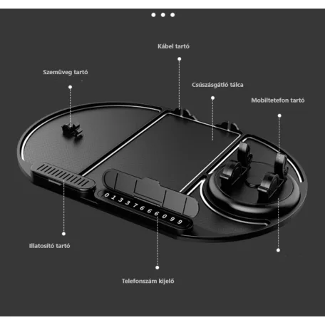 Multifunkciós Autós Csúszásgátló Mobiltartó Tálca Szilikonból, műszerfalra, analóg telefonszám kijelző, 360°-ban forgatható mobiltartó, szemüvegtartó, illatosító tartó, fekete