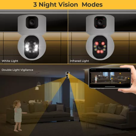 Intelligens Térfigyelő Kamera R11, 2MP FullHD dupla lencse, kétirányú hang funkció, mozgásérzékelés, fehér