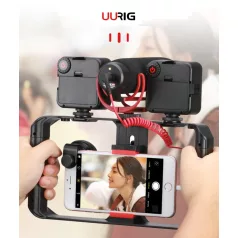   Telefon Stabilizátor Foglalat, UURIG VideoRig foglalat okostelefonokhoz, 3 vakupapucs csatlakozó + 4x1/4" tripod csavarmenet, fekete