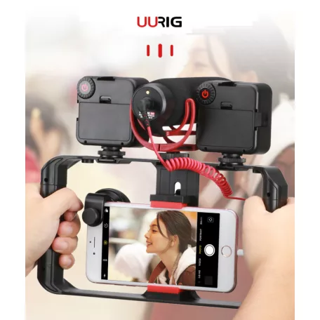 Telefon Stabilizátor Foglalat, UURIG VideoRig foglalat okostelefonokhoz, 3 vakupapucs csatlakozó + 4x1/4" tripod csavarmenet, fekete