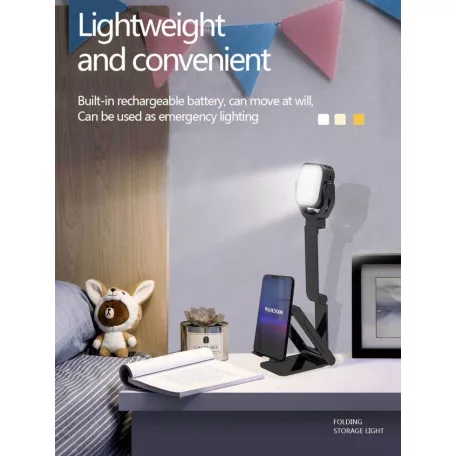 Hordozható mini LED lámpa, mobiltelefontartóval, fotó és videó készitéshez, fényerősség, színhőmérséklet állítható, fekete