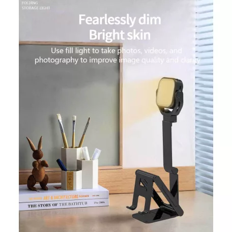 Hordozható mini LED lámpa, mobiltelefontartóval, fotó és videó készitéshez, fényerősség, színhőmérséklet állítható, fekete