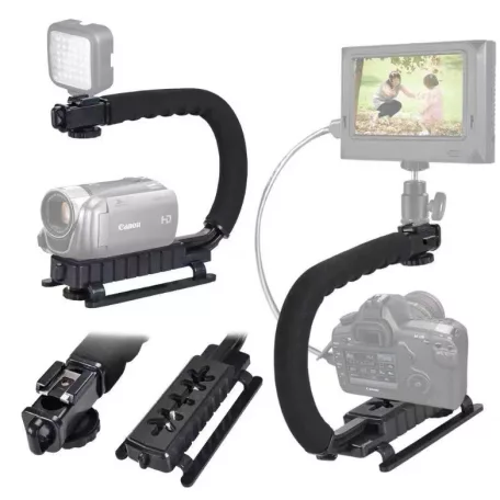 Univerzális VideoRig foglalat Fényképezőgépekhez, C alakú fogantyú, 1/4" menet, vakupapucs foglalat, fekete