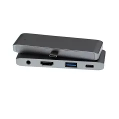   4 az 1-ben USB hub: USB-C -> USB 3.0/4K HDMI/USB-C/audió 3.5mm jack porttal, 60W gyorstöltés, szürke