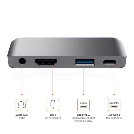 4 az 1-ben USB hub: USB-C -> USB 3.0/4K HDMI/USB-C/audió 3.5mm jack porttal, 60W gyorstöltés, szürke