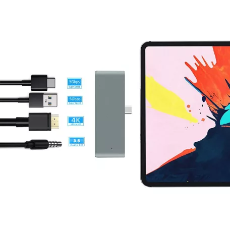 4 az 1-ben USB hub: USB-C -> USB 3.0/4K HDMI/USB-C/audió 3.5mm jack porttal, 60W gyorstöltés, szürke