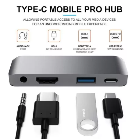 4 az 1-ben USB hub: USB-C -> USB 3.0/4K HDMI/USB-C/audió 3.5mm jack porttal, 60W gyorstöltés, szürke
