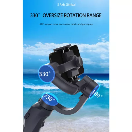 Gimbal F10 Okostelefon Képstabilizátor, 3 tengelyes, automatikus arckövetés, Bluetooth v5.0, újratölthető akkumulátor, fekete