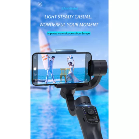 Gimbal F10 Okostelefon Képstabilizátor, 3 tengelyes, automatikus arckövetés, Bluetooth v5.0, újratölthető akkumulátor, fekete