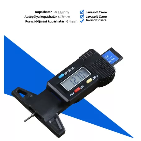 Digitális gumiabroncs profilmélység mérő, 0 és 25.4mm között, LCD kijelzős, hordozható, fekete