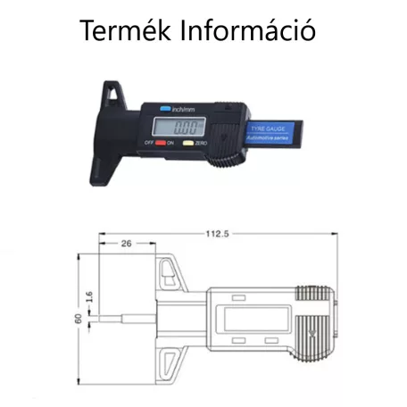 Digitális gumiabroncs profilmélység mérő, 0 és 25.4mm között, LCD kijelzős, hordozható, fekete