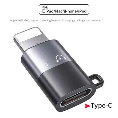 OTG átalakitó adapter, USB-C->Lightning, fülhallgatóval és mikrofonnal alkamazható, ezüst-fekete