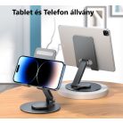 Asztali mobiltelefon és tablet állvány, alumínium, 360°-ban forgatható, összecsukható, szürke