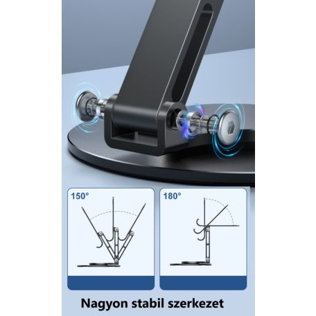 Asztali mobiltelefon és tablet állvány, alumínium, 360°-ban forgatható, összecsukható, szürke