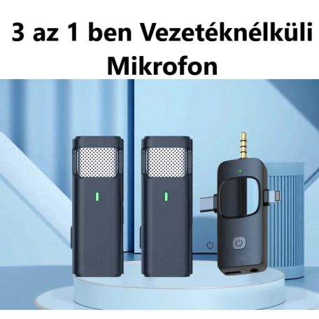Professzionális Dual Vezeték Nélküli Mikrofon Készlet, 3 az 1-ben, vlogging-, interjú-, élő közvetítés-, videofelvételhez, 2db Omnidirekcionális Mikrofon, 1db RX vevőegység, fekete