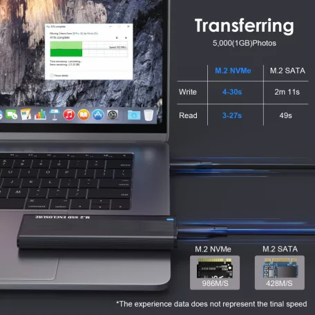 Külső M.2 SSD merevlemez ház, M.2 PCIe NVMe SSD-hez dokkoló funkcióval, 10Gbps, Type-C kimenet, Alumínium ház, max 24TB, fekete