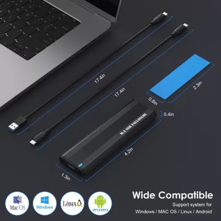Külső M.2 SSD merevlemez ház, M.2 PCIe NVMe SSD-hez dokkoló funkcióval, 10Gbps, Type-C kimenet, Alumínium ház, max 24TB, fekete